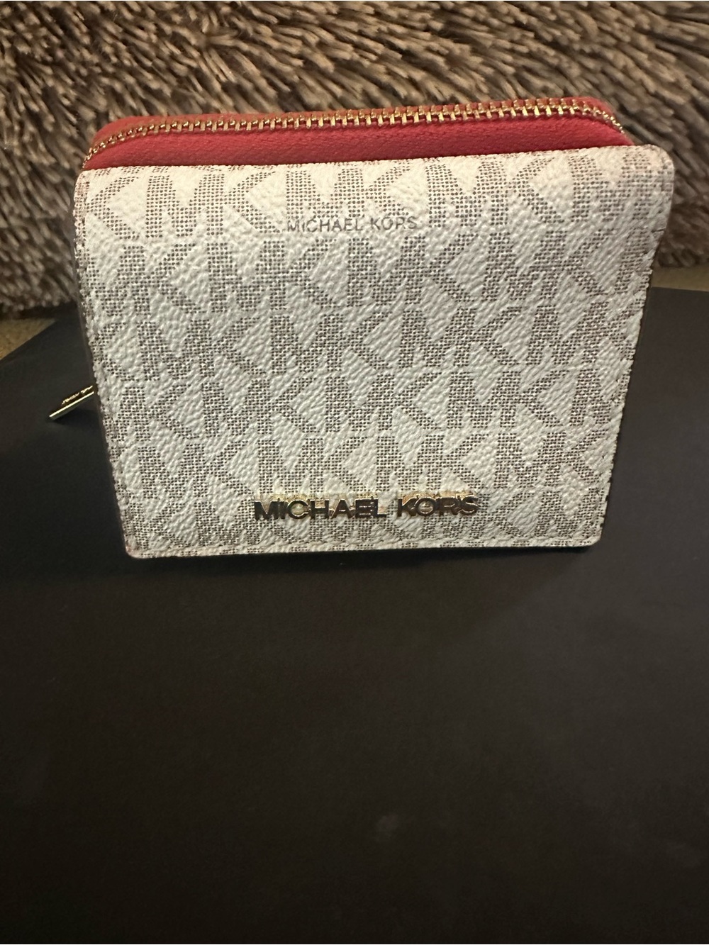 Michael Kors White Logo Canvas Wallet with Red Trim and Gold Hardware